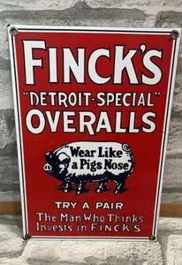 Collectible Finck's "Detroit-Special Overalls porcelain metal Advertising Sign - Picture 1 of 11