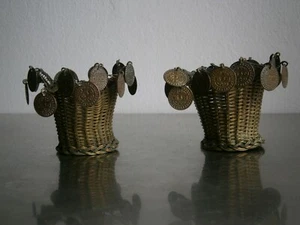 Pair Petits Baskets Bronze Golden Braided Home Decor Pieces Antique Japan 19° S - Picture 1 of 8