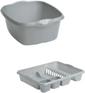 Plastic Large Dish Drainer & Rectangular Washing Up Kitchen Bowl Grey - Set of 2 - Picture 1 of 1