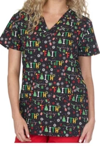 NWT Women's Large Holiday Christmas Faith Print I Love Scrubs Scrub Top - Picture 1 of 1