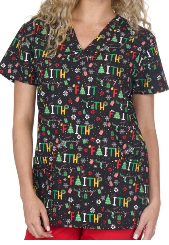 NWT Women's Large Holiday Christmas Faith Print I Love Scrubs Scrub Top - Image 1 of 1