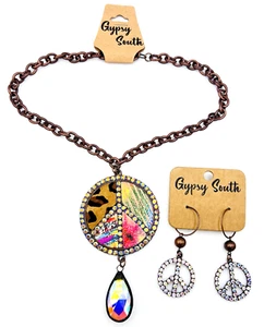 Gypsy South BOHO Mixed Print Peace Sign Necklace Dangle AB Crystal Earrings Set - Picture 1 of 11