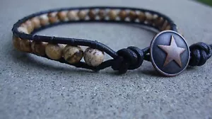 Men's Picture Jasper 6mm Gemstone Black Leather Bead wrap Bracelet USA - Picture 1 of 5