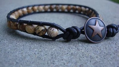 Мужская картина яшма 6 мм драгоценных камней черный кожаный бусина надежном браслет США - Изображение 1 из 4