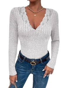 Women's Floral Lace Deep V Neck Long Sleeve Rib Knit Tee T Shirts Sexy Top S-XXL - Picture 1 of 18