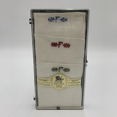 VTG Soft Spun Box Of 3 Handkerchiefs Fine Comb Cotton 17156 Monogram “F” Unused - Image 1 of 4