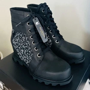 SOREL Joan of Arctic Waterproof Wedge III Lexie Lace-Up Bootie, Black, 10, NWT - Picture 1 of 16
