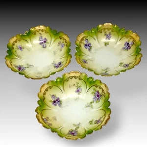 Antico R.S. GERMANIA Set di 3 ciotole di bacche viola floreale bordo dorato c.1914-1945 5" - Foto 1 di 13