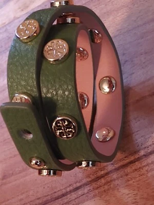 Tory Burch Green Leather Wrap Bracelet with Gold Colored Metal Logo Studs New - Image 1 of 4