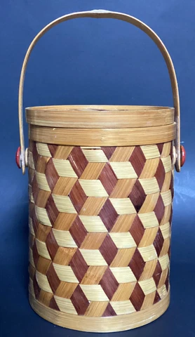 Vintage Round Cylindrical Woven Bamboo Box Basket w/Handle & Cover Cover