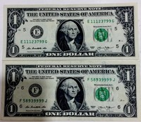 USA 2013 $1 + $1 One Dollar Bill Fancy Serial Number F58939999J&E11123799G