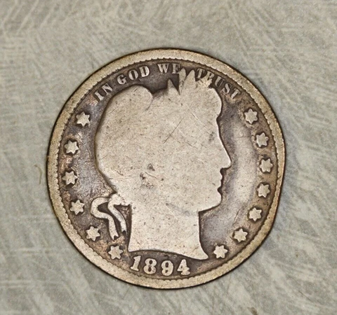 1894 P Barber Head Quarter, G Good, Dent 25c Liberty Head Cover