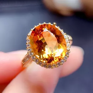 Neu Ovalschliff glänzender gelber Citrin Edelstein Luxus Charm Damen Mädchen Goldring - Bild 1 von 6