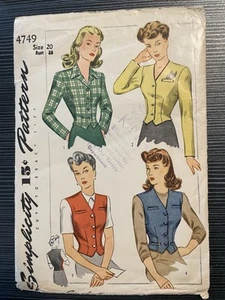 1943 Vintage Simplicity Pattern 4749 Vest and Jacket 4 Options Size 20 Bust 38 - Bild 1 von 4