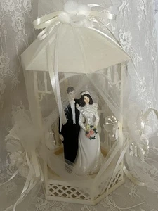 1991 Wedding Cake Topper Bride Groom Marriage Fabric Flower Gazebo 9in - Picture 1 of 14