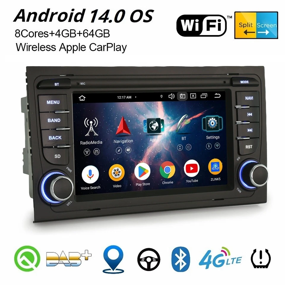 CarPlay Android 14 DAB+ Car Radio WLAN 64GB Navi For Audi A4 RS4 RNS-E SEAT EXEO - Image 1 of 4
