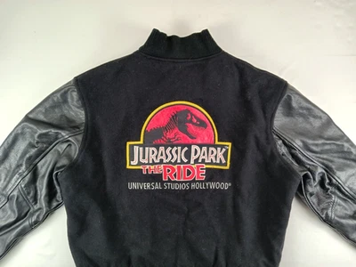 复古 Universal Jurassic Park The Ride 皮革羊毛校服夹克,尺寸 L,美国 — 第 1/4 张图片