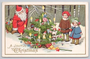 Divided Back Postcard Embossed A Joyful Christmas Red Santa Kids Tree - Picture 1 of 2