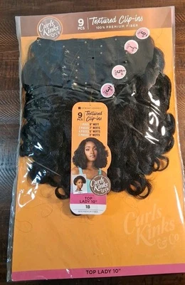 New in Pkg 1B Curls Kinks & Co 9 Pc Textured Clip-ins Top Lady 10" Sensational  - Image 1 of 4