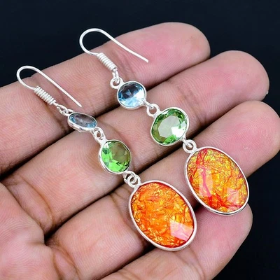 Pendientes hechos a mano de ópalo triple naranja chapados en plata 925 de 2,45" Foto 1 de 3