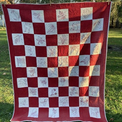 Vintage Quilt Handmade Red White Penny Squares Embroidered Redwork FOLK ART - Image 1 of 4