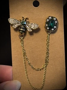 Schöne Vintage Stil Honigbiene & grüne Strasssteine Modeschmuck Anstecknadel - Bild 1 von 24