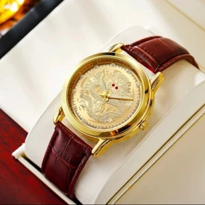 Mens Watch Gold Dragon Design Luxury Celestial Designer Quartz Leather band Gold - Picture 1 of 5
