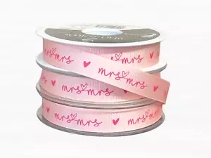 Pink Mrs and Mrs Printed Grosgrain Ribbon with Pink Printed Hearts, 16mm Wide - Picture 1 of 9