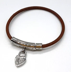 Hermes Viviride Heart Bracelet bangle Leather Brown, Silver Authentic - Picture 1 of 14