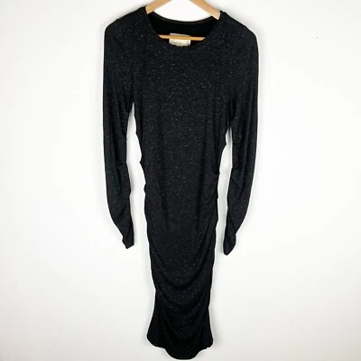 Nicole Miller Artelier Vestido Acanalado Negro y Dorado Manga Larga Midi Bodycon Foto 1 de 4