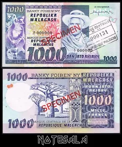 MADAGASCAR 1000 1,000 FRANCS ND(1974-1975) P-65s SPECIMEN XF+ / AUNC "VERY RARE" - Picture 1 of 2