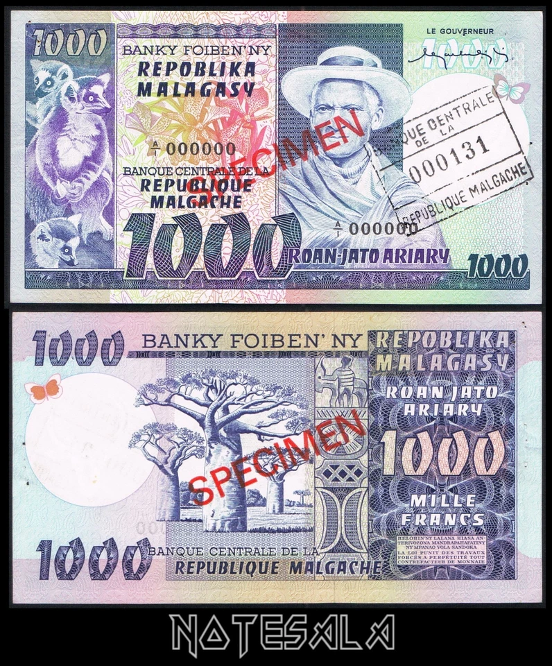 MADAGASCAR 1000 1,000 FRANCS ND(1974-1975) P-65s SPECIMEN XF+ / AUNC "VERY RARE" - Image 1 of 2