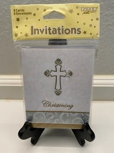 Divinity Tan/Silver/Gold Christening Invitation Cards 8ct. - Picture 1 of 2