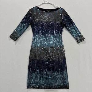 Vestido para mujer KAREN KANE Tahoe lentejuelas pequeño azul verde mangas 3/4 forrado usado en excelente estado - Imagen 1 de 6