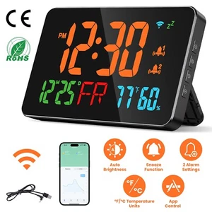 WiFi Auto LED Digital Alarm Clock Snooze Calendar Thermometer Hygrometer Display - Picture 1 of 16