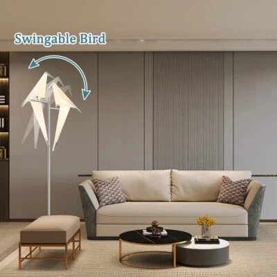 Silver Iron Bird Floor Lamp Standing Origami Double Crane LED Light Living Room - Image 1 of 4