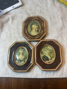 Set 3 Vintage  Octagonal Victorian Ladies Prints Framed Small - Picture 1 of 11