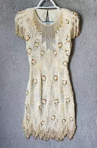 Vintage Cache Seide Perlen Midikleid Elfenbein/Gold Art Deco Flapper Wiggle 50er Style 4 - Bild 1 von 20