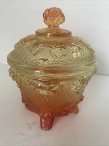 VTG Amberina Carnival Glass Candy Bowl w Lid Orange Yellow Grape Jeanette Feet - Picture 1 of 17