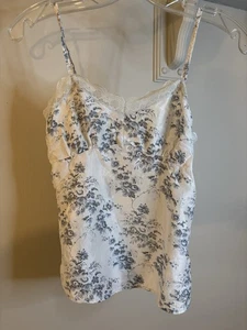 Top Camisola Babydoll Floral Seda Azul Claro Azul Marino Antiguo XXS Y2K Borde de Encaje De Colección - Imagen 1 de 4