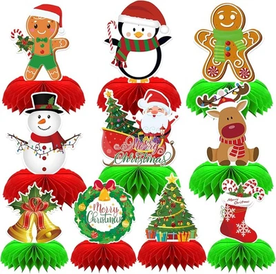 10 Pieces Christmas Honeycomb Centerpiece, Gingerbread Man Snowman Santa...  - Image 1 of 4