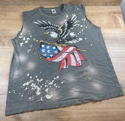 Camiseta sin mangas Ed Hardy angustiada Screaming Eagle con pintura de bandera salpicada XL Foto 1 de 4