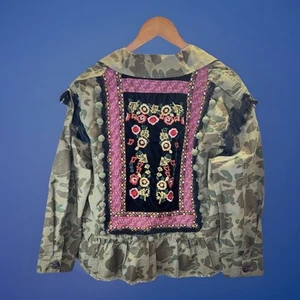 Coffee Shop NY sz M Camo Embroidery Tassel Pompom Peplum Velvet Jacket Festival - Picture 1 of 13