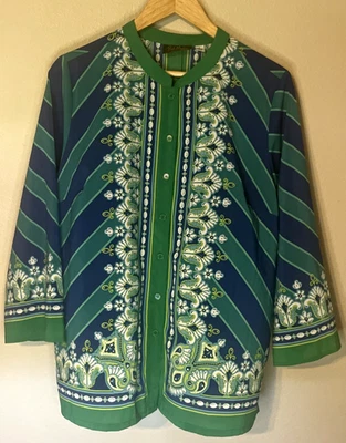 Bob Mackie носимый искусства женщин синий зеленый цветочный Топ блузка размер L 3/4 рукав - Изображение 1 из 4