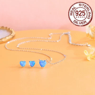Conjunto de joyas y pendientes de corazón de ópalo azul de plata de ley 925 elegante para mujer Foto 1 de 4