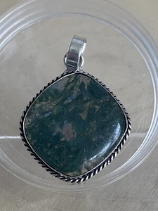 Square Green Moss Agate Pendant Sterling Silver 925 Plated Vintage Style Boho - Picture 1 of 3
