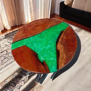 24" Round Green Epoxy Resin Coffee Table Natural Wood Mid Century Modern Art Dec - Picture 1 of 9
