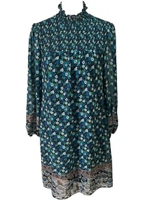 Maison Tara Chiffon High Neck Dress Prairie Smocked Blue Floral Flowy Lined 4 - Picture 1 of 12