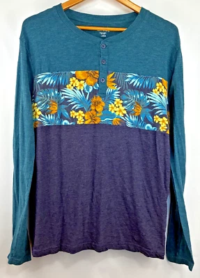 CARBONO Grande Henley Manga Larga Bloque de Color Floral Tropical Verde azulado Púrpura Foto 1 de 4