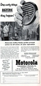 Radio walkie talkie de 2 vías Motorola parada de fabricación retrasos 1953 anuncio de revista - Imagen 1 de 1